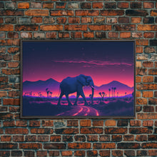 Load image into Gallery viewer, Elephant Art | Framed Canvas Print | Synthwave Style Framed Wall Art | Animal Prints | Elephant Walks Under A Full Moon | Kid's Room Decor