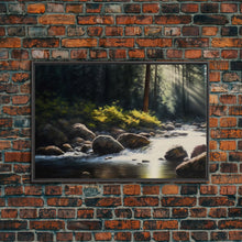 Carregar imagem no visualizador da galeria, A Rocky Stream, Watercolor Art, Serene nature landscape art, framed canvas print, mouth of the river in the morning light wall art