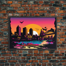Load image into Gallery viewer, Beautiful Portland, Oregon Retro Synthwave Style Sunset Art, Framed Canvas Print, Pacific Northwest City Art