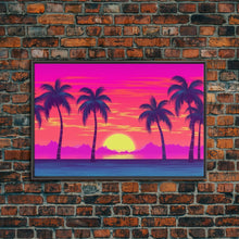 Load image into Gallery viewer, Beach sunset Wall Art, Framed Canvas Print, Colorful painting, Vibrant art, Synthwave Style, Warm Colors, Pop Art style, Tropical art
