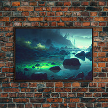 Carregar imagem no visualizador da galeria, Bioluminescent glowing river, cool nature watercolor art, framed canvas print