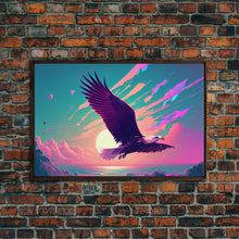 Carregar imagem no visualizador da galeria, Bald eagle in flight, vaporwave sunset, vaporwave art, framed canvas print, pink and turquoise art