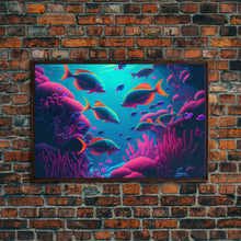 Load image into Gallery viewer, Coral Reef art, synthwave aesthetic ocean art, school of fish, framed canvas art, framed wall art canvas print
