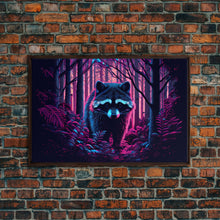Carregar imagem no visualizador da galeria, Cute racoon in the forest, vaporwave aesthetic animal art, framed canvas print, colorful animal art