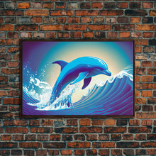 Load image into Gallery viewer, Dolphin riding a wave, cute animal prints, vaporwave animal art, framed canvas print