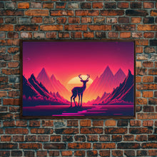Load image into Gallery viewer, Deer at sunset, outrun style nature animal print, framed canvas print, sunrise art