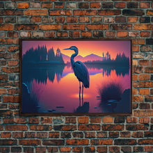 Carregar imagem no visualizador da galeria, A stork standing in a calm lake at sunset, framed canvas print
