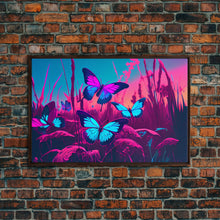 Load image into Gallery viewer, Beautiful butterfly art, vaporwave aesthetic pastel art, framed canvas print, synthwave art