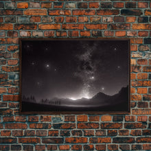 Load image into Gallery viewer, Black and white Watercolor of a starry night sky over a pine forest, framed canvas print