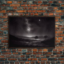 Load image into Gallery viewer, Black and white Watercolor of a starry night sky over the planes of Texas, framed canvas print