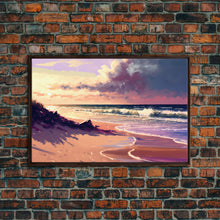 Load image into Gallery viewer, Boho Style Whimsical Beach Art, Framed Canvas Print, Minimalist Modern Farmhouse Decor, Pink Sunset Sky over the beach