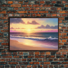Load image into Gallery viewer, Boho Style Whimsical Beach Art, Framed Canvas Print, Minimalist Modern Farmhouse Decor, Pink Sunset Sky over tide rolling in