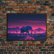 Load image into Gallery viewer, Elephant Art | Framed Canvas Print | Synthwave Style Framed Wall Art | Animal Prints | Elephant Walks Under A Full Moon | Kid's Room Decor