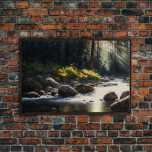 Carregar imagem no visualizador da galeria, A Rocky Stream, Watercolor Art, Serene nature landscape art, framed canvas print, mouth of the river in the morning light wall art