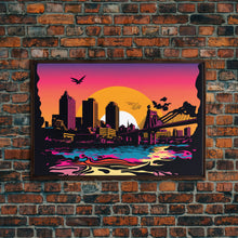 Load image into Gallery viewer, Beautiful Portland, Oregon Retro Synthwave Style Sunset Art, Framed Canvas Print, Pacific Northwest City Art