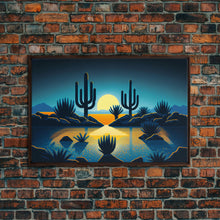 Load image into Gallery viewer, Retro Art Deco Style Pueblo Desert Art, Cactus Desert Landscape under a Full Moon, Framed Canvas Print, Cute Western Decor