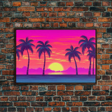 Load image into Gallery viewer, Beach sunset Wall Art, Framed Canvas Print, Colorful painting, Vibrant art, Synthwave Style, Warm Colors, Pop Art style, Tropical art