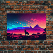 Carregar imagem no visualizador da galeria, Cute fox in an Arizona desert landscape, framed canvas print, framed wall art, synthwave art