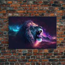 Cargar imagen en el visor de la galería, Cosmic Roar, lion roaring at the stars, synthwave galaxy and lion art, framed canvas print, unique framed wall art