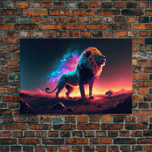 Cargar imagen en el visor de la galería, Cosmic roar watercolor, Lion staring at the stars over Africa, framed canvas print, unique vibrant wall art