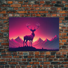 Load image into Gallery viewer, Beautiful stag and sunset, synthwave landscape art, framed canvas print, nature print, pastel and pink art