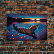 Carregar imagem no visualizador da galeria, Cute beaver swimming at midnight, vaporwave aesthetic animal print art, starry night beaver, framed canvas print