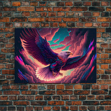 Load image into Gallery viewer, Birds of Prey art, bioluminescent Bald eagle, vaporwave art animal print, framed canvas print, framed canvas print, wall art with frame