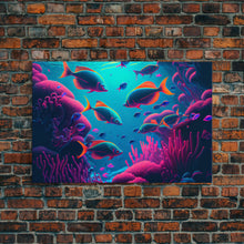Load image into Gallery viewer, Coral Reef art, synthwave aesthetic ocean art, school of fish, framed canvas art, framed wall art canvas print