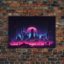 Load image into Gallery viewer, Cyberpunk city skyline superimposed over a sunset, synthwave style dystopian art, framed canvas print