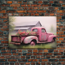 Carregar imagem no visualizador da galeria, Framed Picture of old truck with beautiful flowers in bed of truck, farmhouse living, old barn, farmhouse distressed, framed canvas print