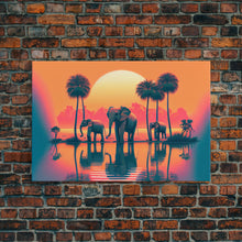 Load image into Gallery viewer, Sun beading down on a family of Elephants, framed canvas print