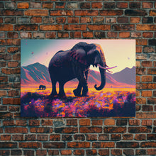 Load image into Gallery viewer, Elephants of Africa, Vibrant and colorful landscape, vaporwave, framed canvas print