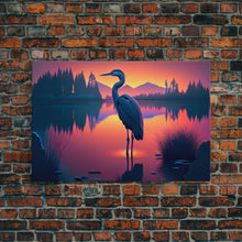 Carregar imagem no visualizador da galeria, A stork standing in a calm lake at sunset, framed canvas print