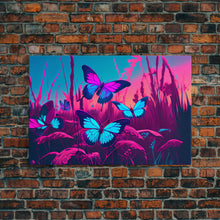 Load image into Gallery viewer, Beautiful butterfly art, vaporwave aesthetic pastel art, framed canvas print, synthwave art