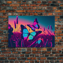 Load image into Gallery viewer, Beautiful turquoise butterfly art, vaporwave aesthetic pastel art, framed canvas print, synthwave art
