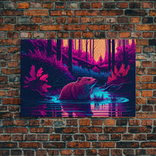 Load image into Gallery viewer, Cute beaver in a river, pink vaporwave art, animal prints, framed canvas print, framed wall art
