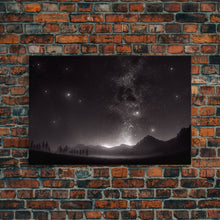 Load image into Gallery viewer, Black and white Watercolor of a starry night sky over a pine forest, framed canvas print