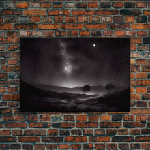 Load image into Gallery viewer, Black and white Watercolor of a starry night sky over the planes of Texas, framed canvas print