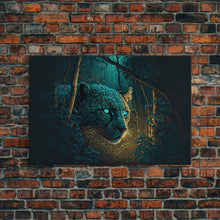 Load image into Gallery viewer, Blue Eyed Black Panther, framed canvas print, unique wall art, wildlife canvas art, living room wall art