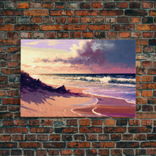 Load image into Gallery viewer, Boho Style Whimsical Beach Art, Framed Canvas Print, Minimalist Modern Farmhouse Decor, Pink Sunset Sky over the beach