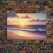 Load image into Gallery viewer, Boho Style Whimsical Beach Art, Framed Canvas Print, Minimalist Modern Farmhouse Decor, Pink Sunset Sky over tide rolling in