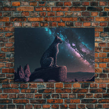 Cargar imagen en el visor de la galería, Cheetah overlooking the valley, synthwave retro style animal prints, framed canvas print, framed wall art, starry Africa night sky