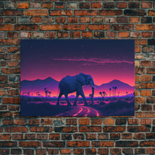 Load image into Gallery viewer, Elephant Art | Framed Canvas Print | Synthwave Style Framed Wall Art | Animal Prints | Elephant Walks Under A Full Moon | Kid's Room Decor