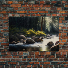 Carregar imagem no visualizador da galeria, A Rocky Stream, Watercolor Art, Serene nature landscape art, framed canvas print, mouth of the river in the morning light wall art