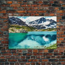 Load image into Gallery viewer, Watercolor painting canvas print of a mountain lake landscape, framed canvas print, framed wall art