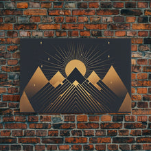 Carregar imagem no visualizador da galeria, Art Deco Style Mountain landscape at Sunset, Framed Canvas Print, Large Format Wall Art, Huge Wall Decor, Black and Gold