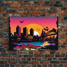 Load image into Gallery viewer, Beautiful Portland, Oregon Retro Synthwave Style Sunset Art, Framed Canvas Print, Pacific Northwest City Art