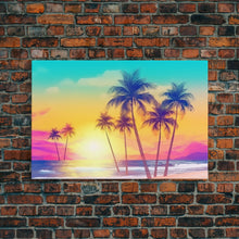 Load image into Gallery viewer, Colorful sunset Wall art, Framed Canvas Print, Synthwave Style, Guest room art, Pop Art Style, Watercolors, Beautiful art, Tropical Art