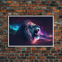 Cargar imagen en el visor de la galería, Cosmic Roar, lion roaring at the stars, synthwave galaxy and lion art, framed canvas print, unique framed wall art