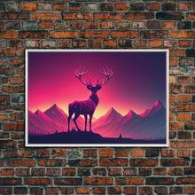 Load image into Gallery viewer, Beautiful stag and sunset, synthwave landscape art, framed canvas print, nature print, pastel and pink art